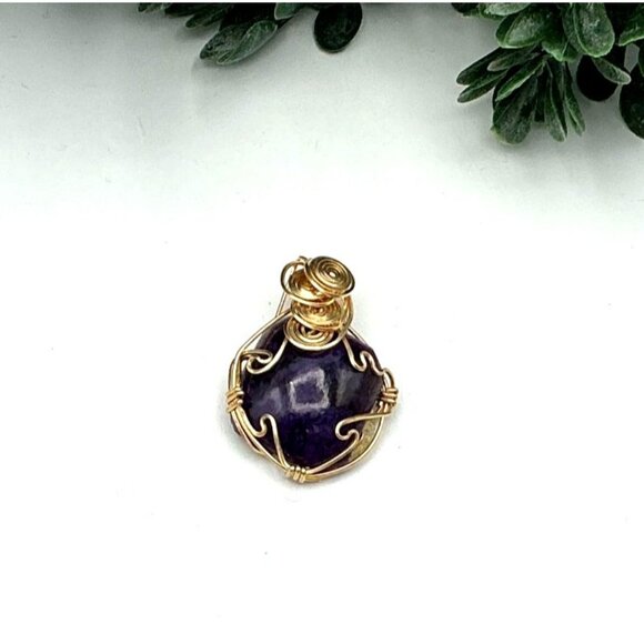 Handcrafted Amethyst Gemstone Wire-Wrapped Pendant With Gold-Tone Artistic Spira - Picture 3 of 6